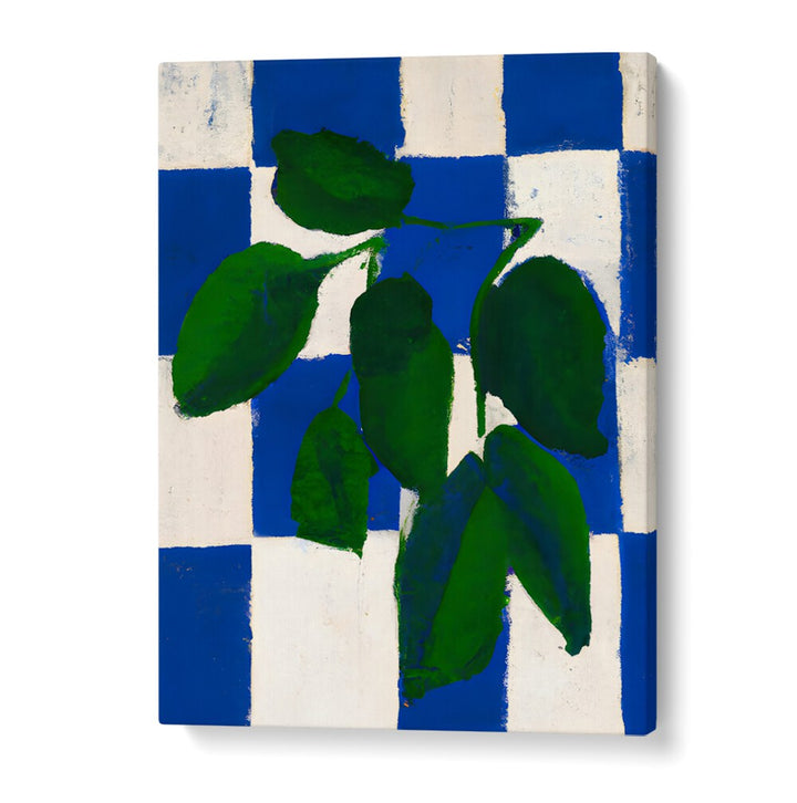 CHECKERED GREENERY , KITCHEN POSTERS featuring bold blue and white checkered background with vibrant green leaves design.