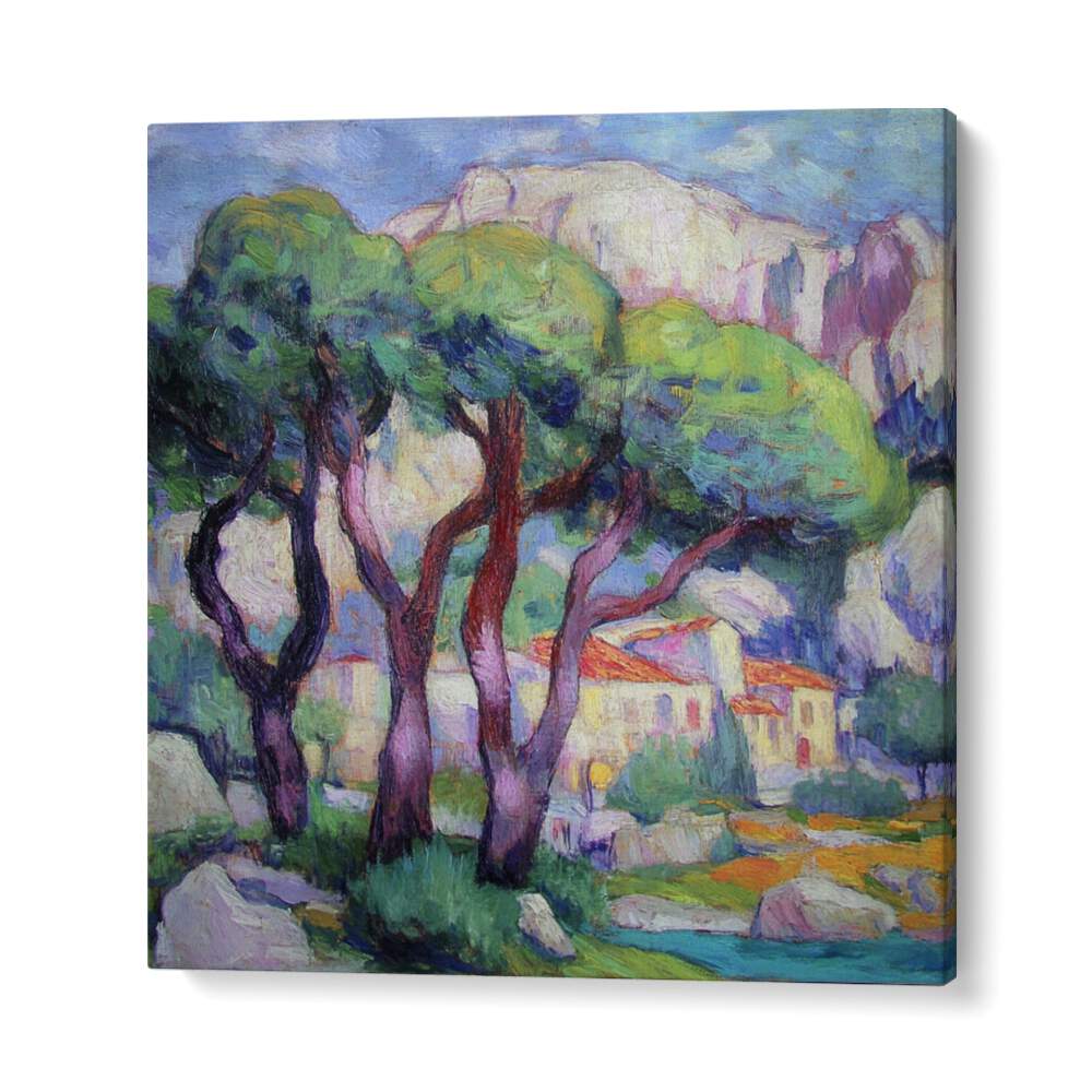 Elegant artwork featuring PINE TREES IN FRONT OF THE HOUSE, adding natural beauty to your living space.