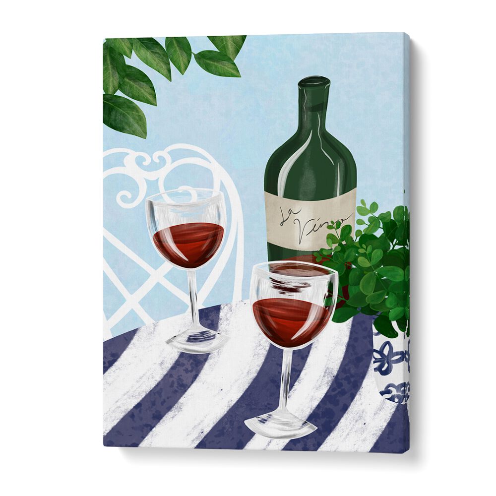Enjoy RED WINE UNDER THE TREE, BAR art featuring elegant glasses and a bottle, perfect for your cafe decor.