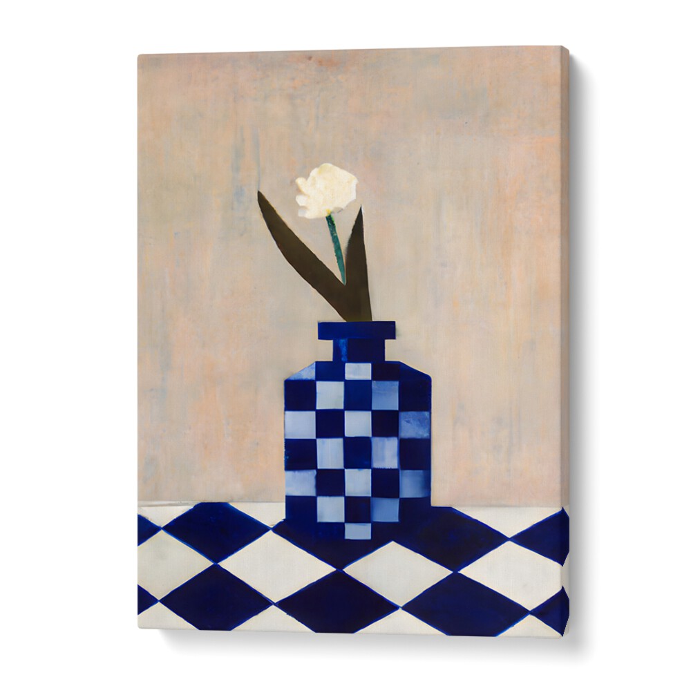 CHECK THE VASE , KITCHEN POSTERS featuring a blue checkered vase with a white flower on a matching checkered surface.