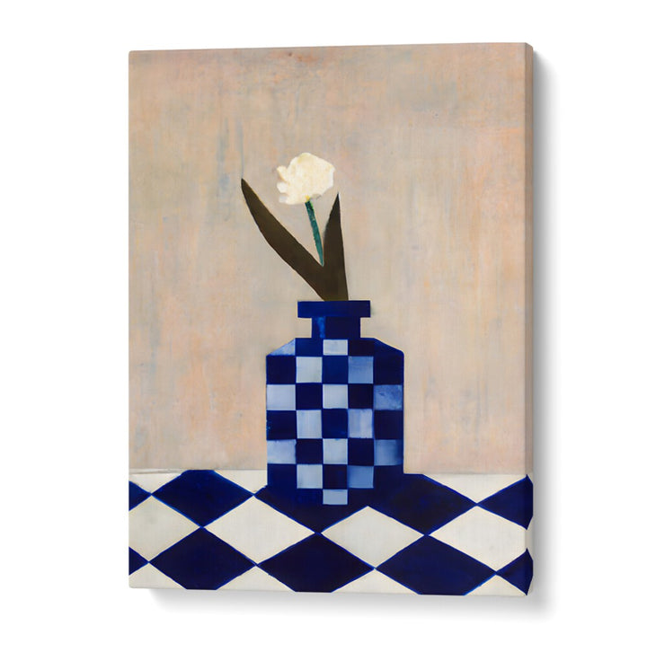 CHECK THE VASE , KITCHEN POSTERS featuring a blue checkered vase with a white flower on a matching checkered surface.