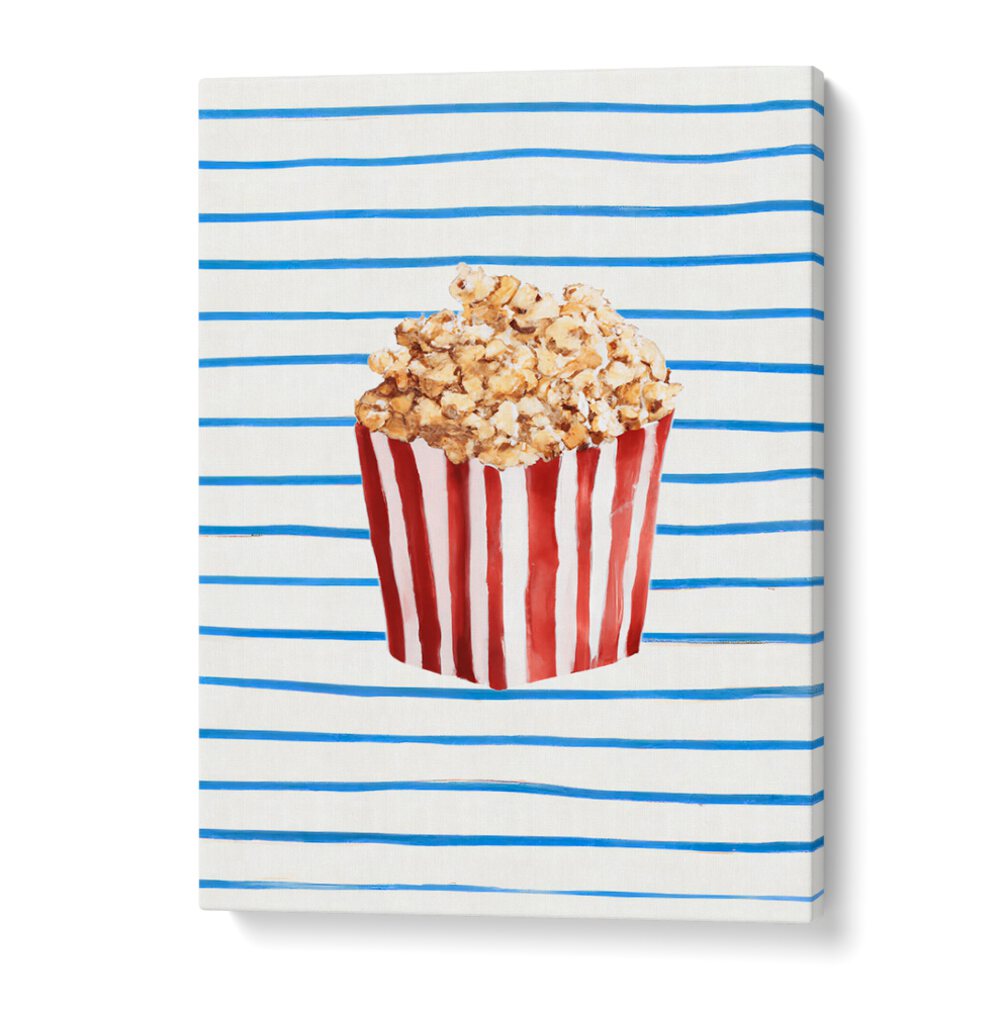 POPCORN TIME , BAR artwork featuring striped popcorn container on blue and white striped background for vibrant decor.