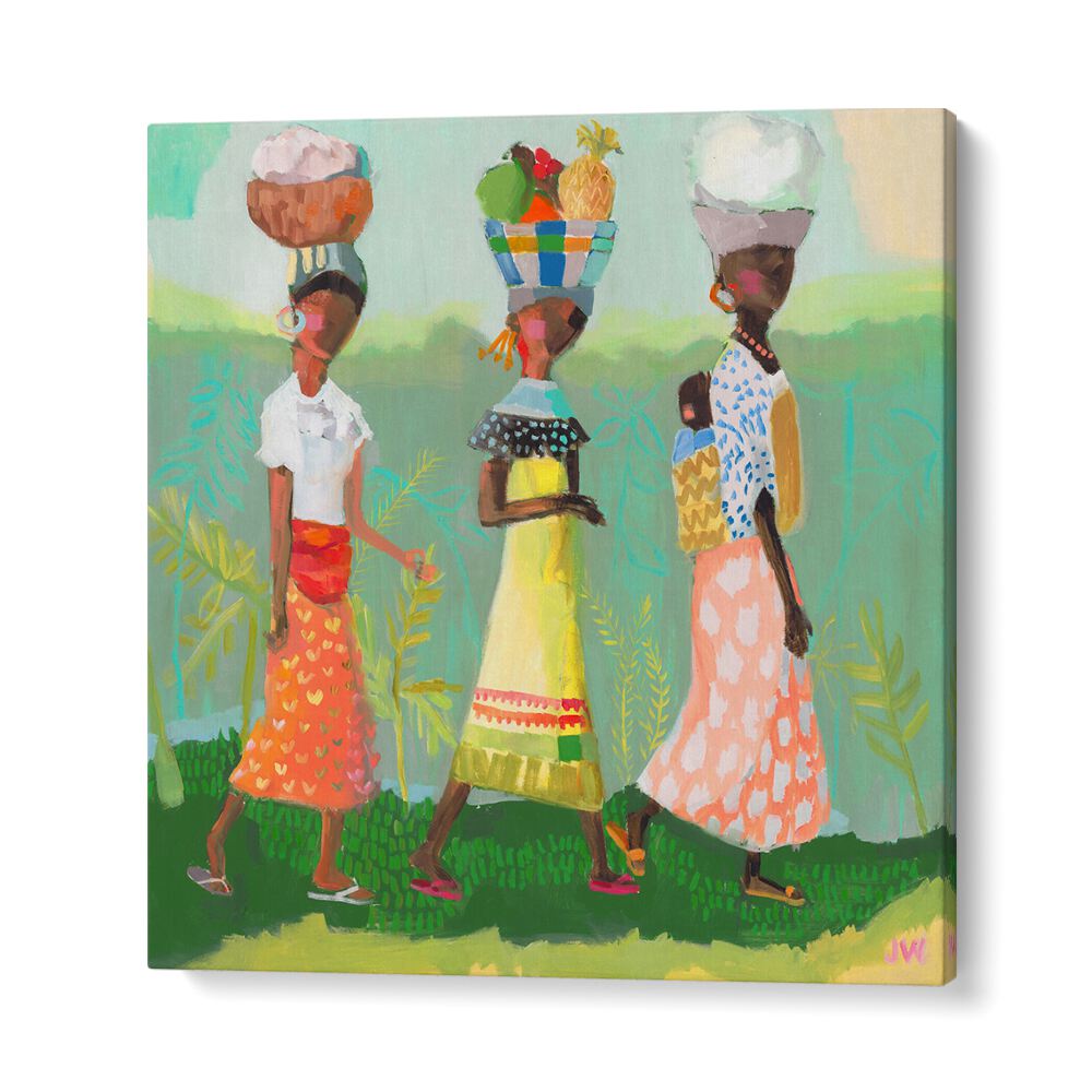 Colorful figures carrying goods embody the essence of BACK FROM THE MARKET, PORTRAITS in this vibrant artwork.