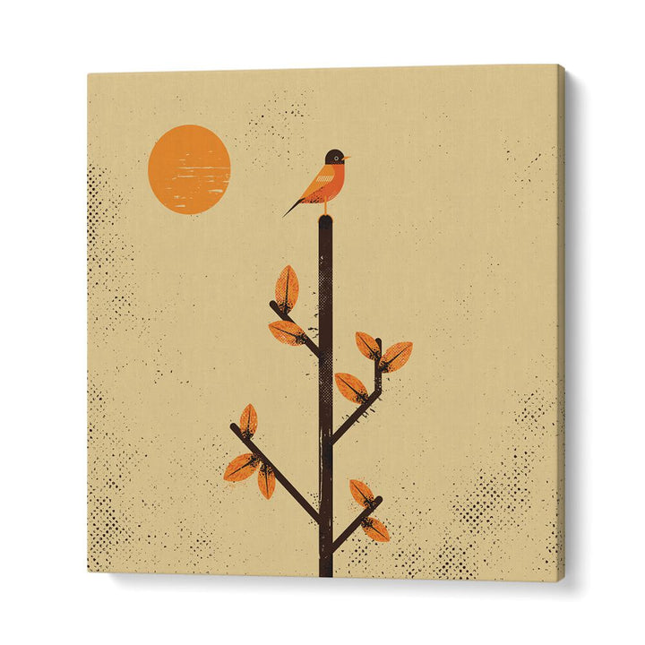 Bright and stylish, THE MIGRATION, ANIMAL PAINTINGS features a bird perched on a tree against a warm backdrop.