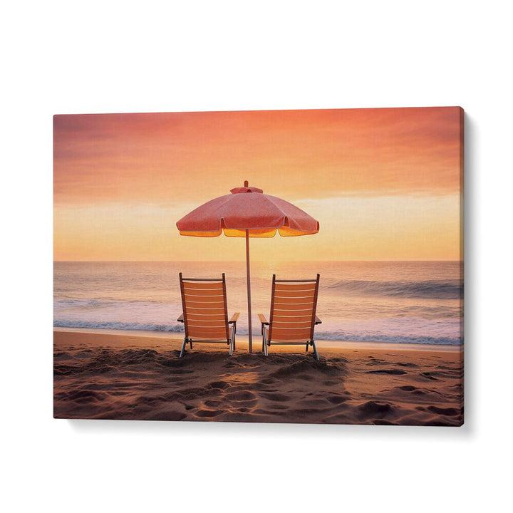 Relaxing beach scene with chairs and an umbrella at sunset, ideal for “BOTH FACING THE OCEAN, BEACH PAINTINGS.”
