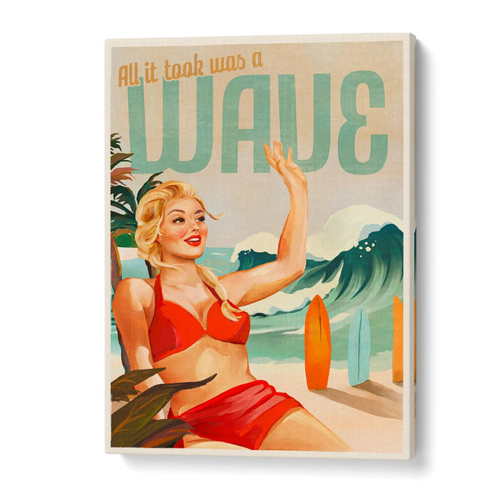 SURFING PINUP GIRL ON BEACH IN BIKINI BY THE WHISKEY GINGER , WOMEN ILLUSTRATION PAINTINGS