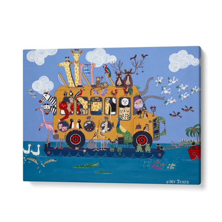 Bright and whimsical NOAHS BUS, KIDS ROOM PAINTINGS featuring Noah's colorful bus filled with adorable animals.