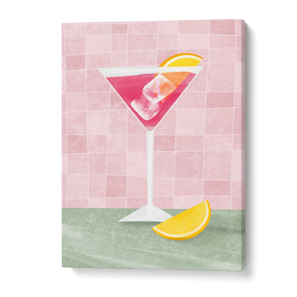 Vibrant PINK COCTAIL, BAR art featuring a pink drink and lemon slice, perfect for enhancing café aesthetics.