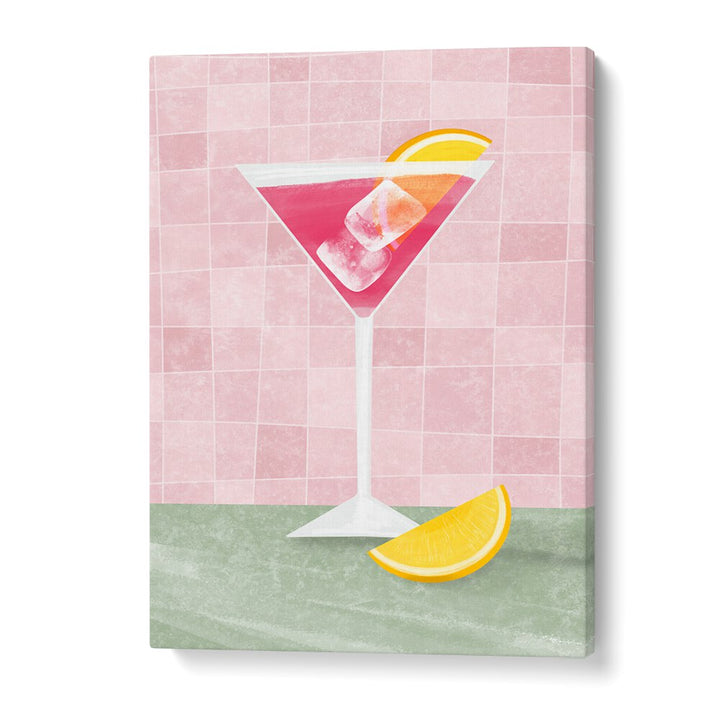 Vibrant PINK COCTAIL, BAR art featuring a pink drink and lemon slice, perfect for enhancing café aesthetics.
