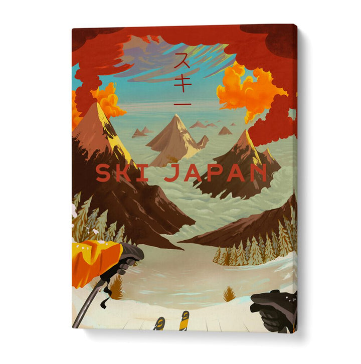 Vibrant SKI JAPAN, JAPANESE PAINTINGS artwork showcasing stunning snowy landscapes and winter sports excitement.