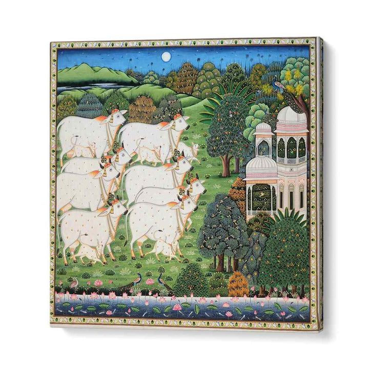 COW AND CALF PICHWAI, INDIAN ART PAINTINGS showcase vibrant rural life with exquisite hand-painted details.
