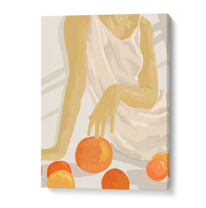 TANGERINE GRACE, PORTRAITS captures a serene figure surrounded by vibrant tangerines, embodying citrus elegance.
