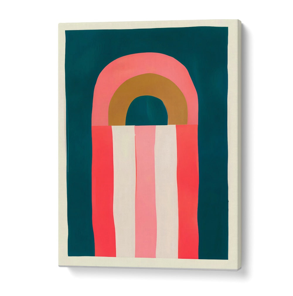 GOLDEN HOUR , GEOMETRIC ART PRINTS with bold arches and stripes in coral, pink, and mustard tones by Burrow & Be.