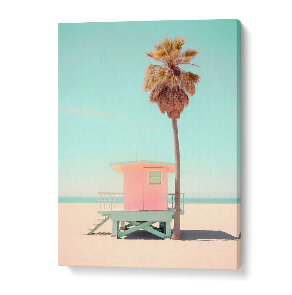 BEACHSIDE PINK BLISS, BEACH PAINTINGS showcases a vibrant pink lifeguard tower under a serene blue sky, perfect for coastal decor.