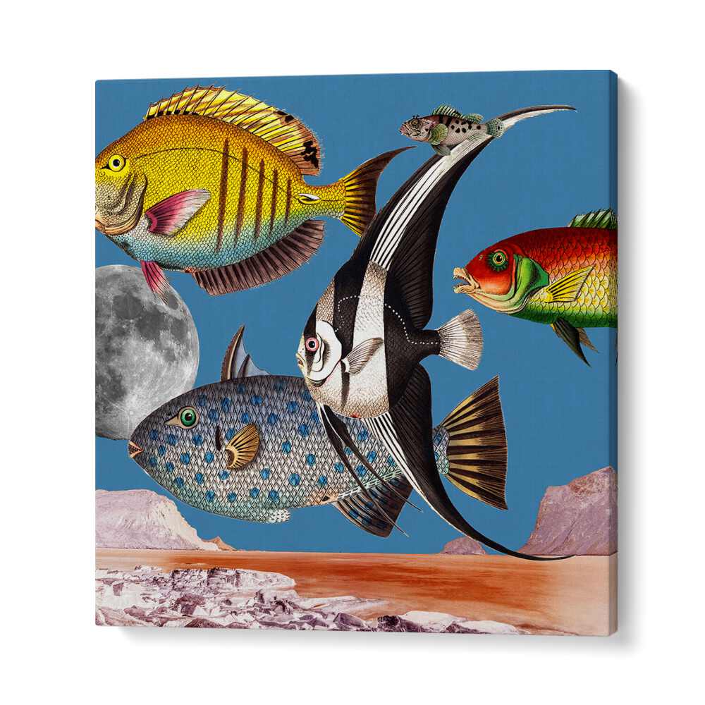 Vibrant FISH WORLD BLUE, BEACH PAINTINGS showcasing dynamic marine life for ocean lovers and artistic decor.