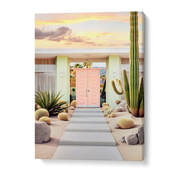 Serene desert scene featuring pastel doors and cacti, showcasing "END OF THE DAY IN PALM SPRINGS, BEACH PAINTINGS".