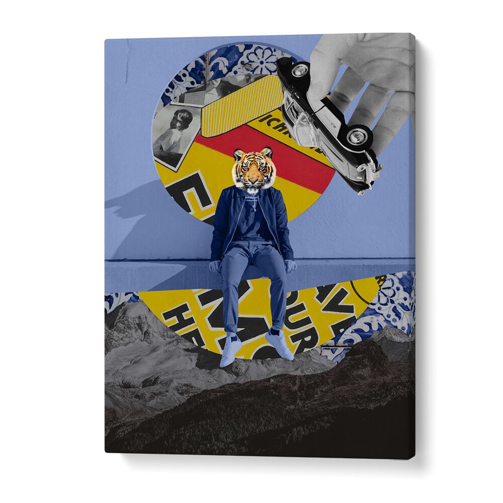CITIZEN, SURREAL ART PRINTS featuring a tiger-headed figure surrounded by vibrant, eclectic designs and landscapes.