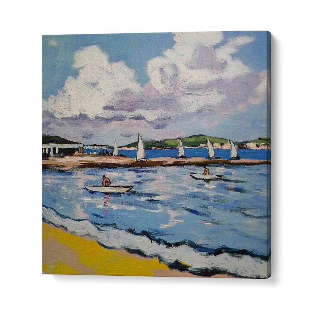 Serene SAILBOATS ON THE BEACH artwork captures tranquil coastal beauty, perfect for home or office decor.