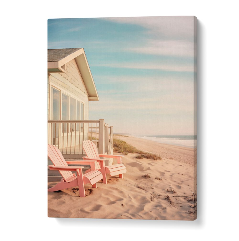 Serene coastal scene with pink chairs, showcasing the essence of ALONG THE BEACH, BEACH PAINTINGS by Philippe Hugonnard.