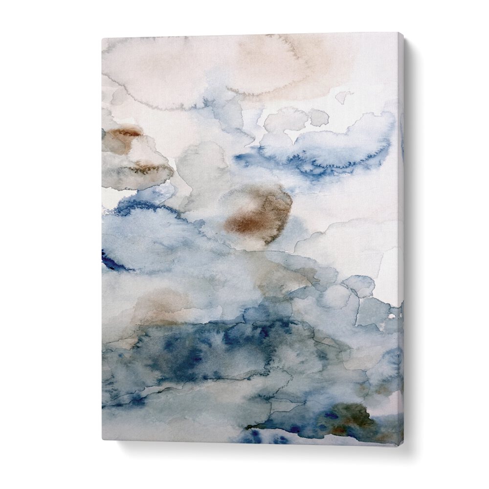 Elegant watercolor design in soft blues and browns, showcasing "UP IN THE CLOUDS IV, ABSTRACT PAINTINGS" art.