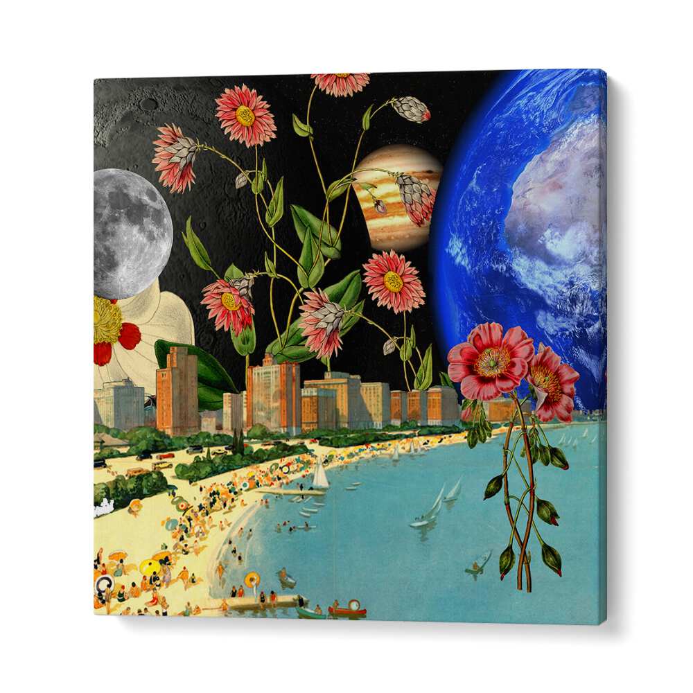 Surreal art print featuring a vibrant beach with a view, perfect for relaxation and nature lovers. BEACH WITH A VIEW, SURREAL ART PRINTS.