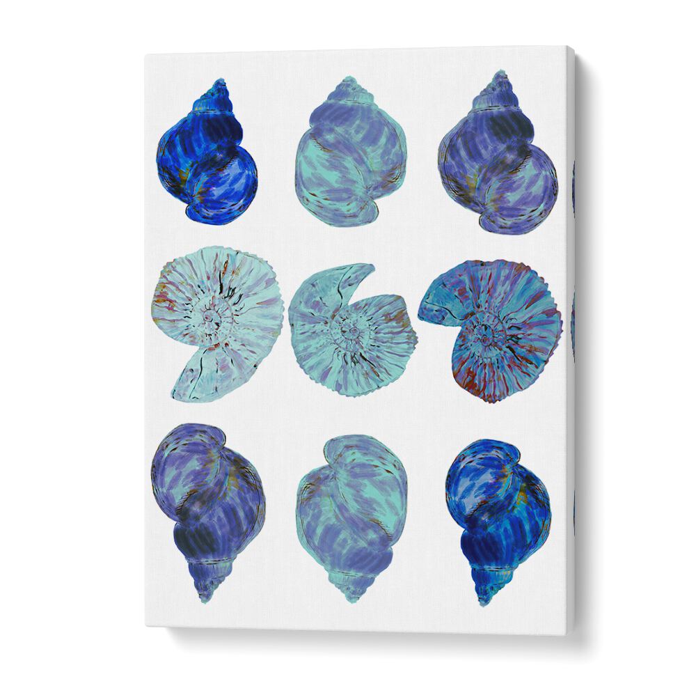 Vibrant BLUE SEA SHELLS, BEACH PAINTINGS capture coastal beauty, perfect for adding serenity to your home decor.