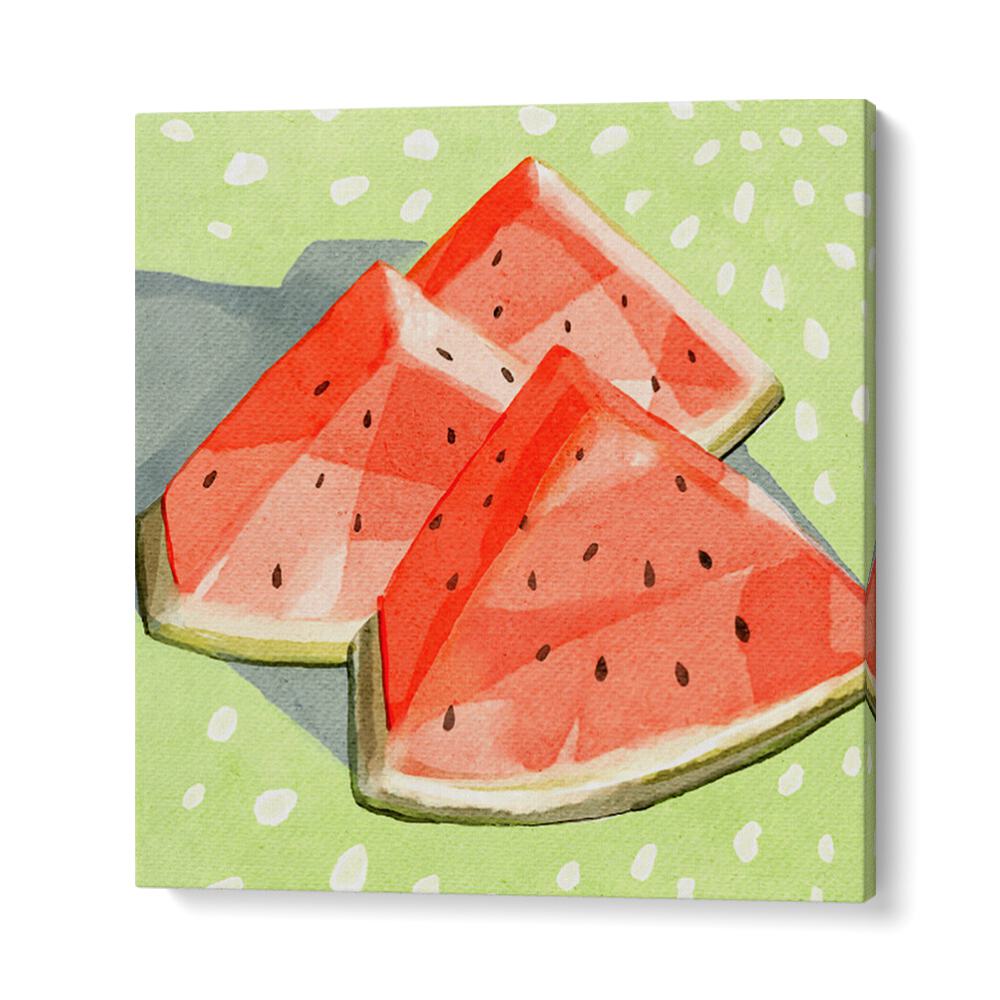 Brighten your space with WATERMELON II, KITCHEN POSTERS featuring vibrant watermelon art on a playful green background.