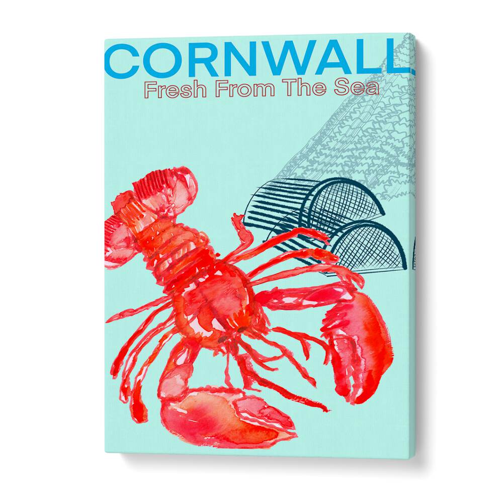 Vibrant CORNWALL SEA POSTER, BEACH PAINTINGS showcasing a lively lobster on a coastal backdrop, perfect for beach lovers.