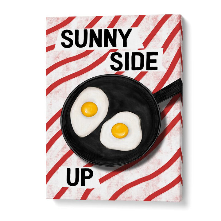 Bright and playful SUNNY SIDE UP, BAR artwork featuring sunny-side-up eggs in a pan, perfect for cafe decor.