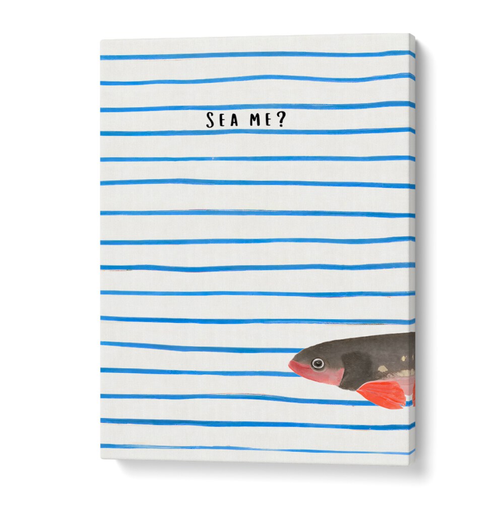 SEA ME , BEACH PAINTINGS featuring a fish and blue stripes capturing coastal charm and ocean serenity by Gallery Wrap.