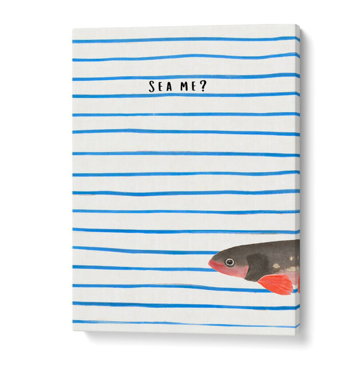 SEA ME , BEACH PAINTINGS featuring a fish and blue stripes capturing coastal charm and ocean serenity by Gallery Wrap.