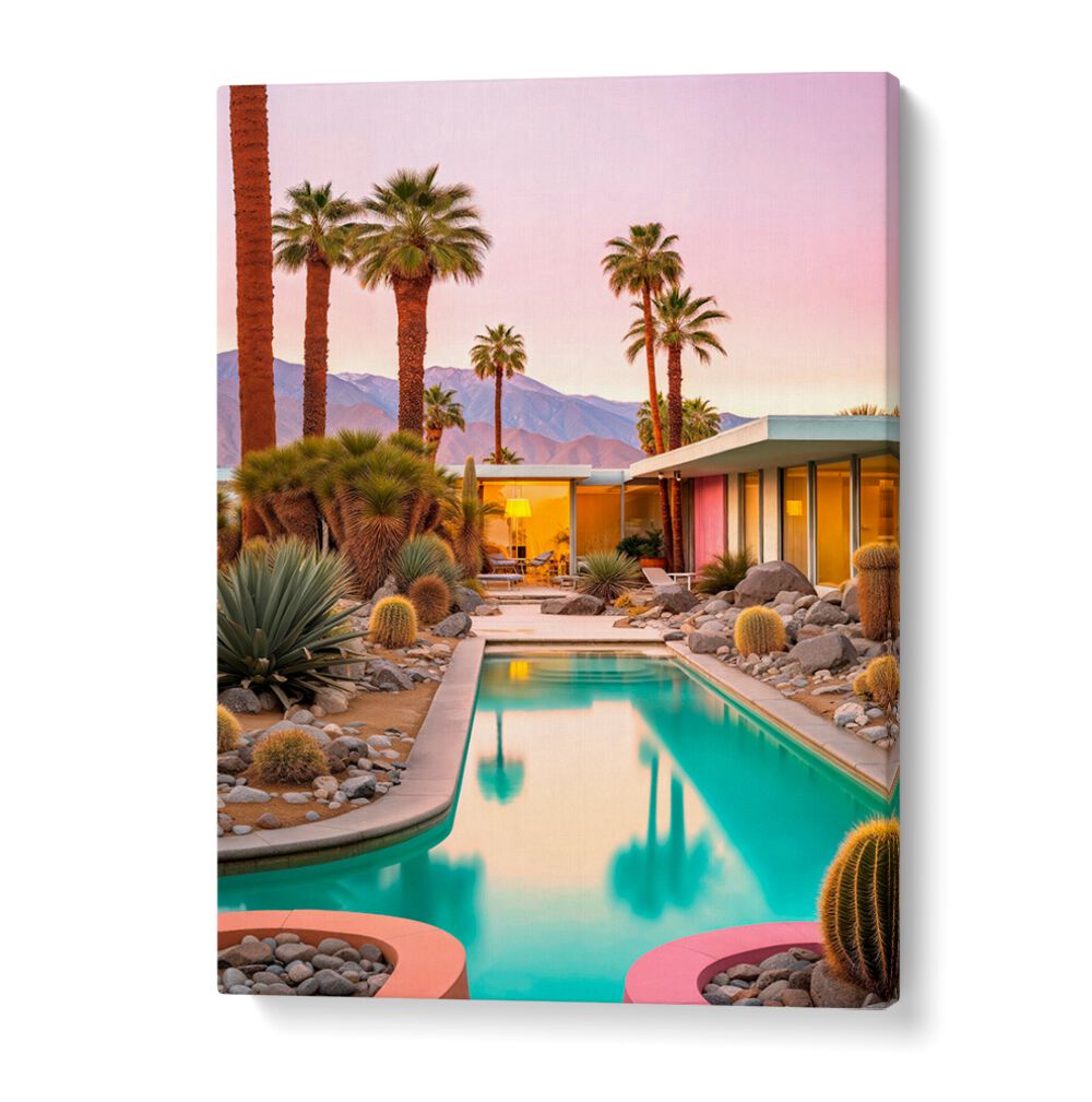 Transform your space with MID-CENTURY MAGIC, BEACH PAINTINGS, featuring an enchanting desert poolside scene.