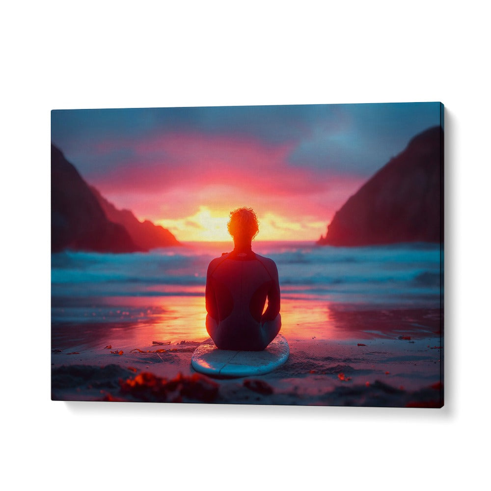 Surfer gazes at a vibrant SURFSIDE SUNSET, BEACH PAINTINGS capturing coastal serenity by Philippe Hugonnard.