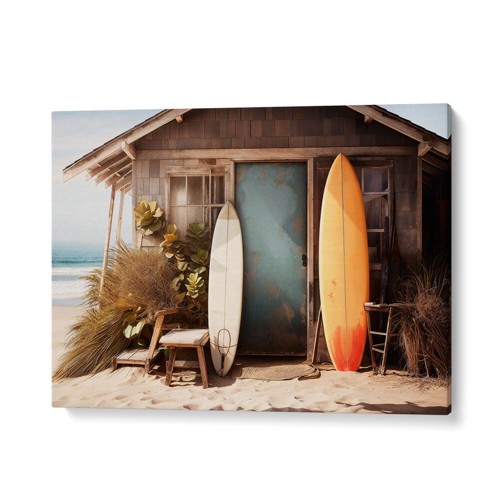 Retro beach scene with surfboards, showcasing VINTAGE VIBRANCE, BEACH PAINTINGS by Philippe Hugonnard.