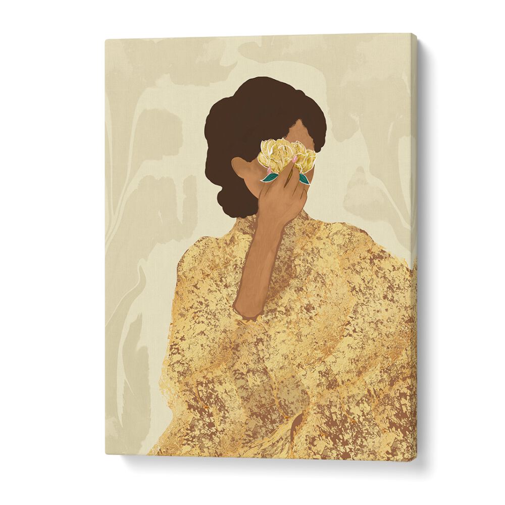 Stunning artwork of a woman with gold peony, capturing the essence of divine femininity in portraits.