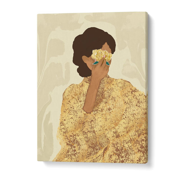 Stunning artwork of a woman with gold peony, capturing the essence of divine femininity in portraits.