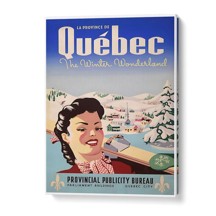 Vintage travel poster featuring Quebec’s winter wonderland, showcasing QUEBEC I, VINTAGE TRAVEL POSTERS for art lovers.