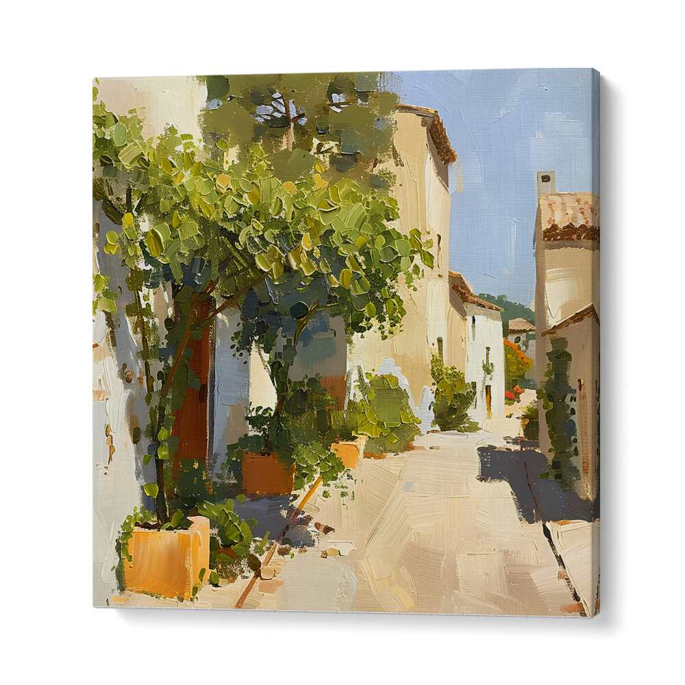 Charming STREET IN MALLORCA III artwork featuring vibrant greenery and quaint architecture, perfect for elegant decor.