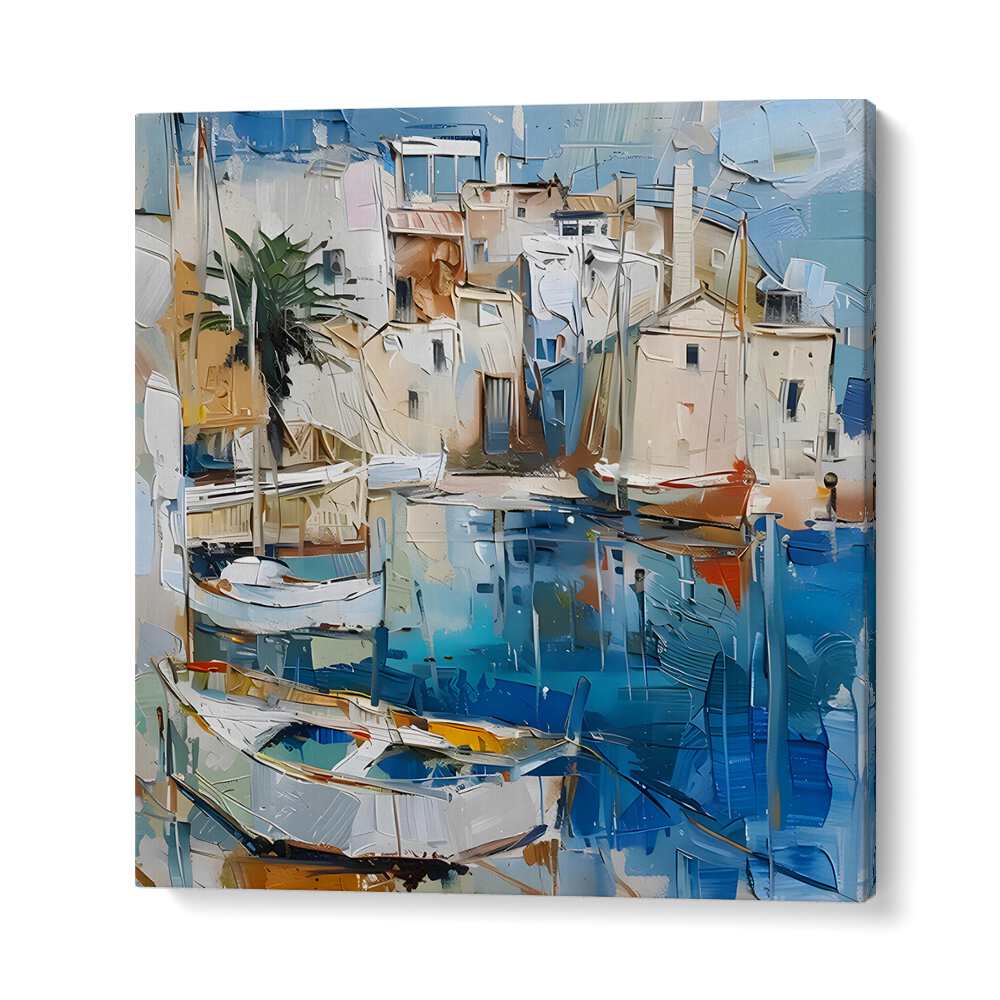 Vibrant artwork, BOATS IN THE HARBOR MALLORCATHERAPY II, showcases serene harbor life in beautiful colors.