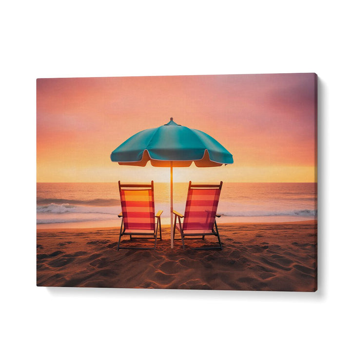 Relaxing chairs under an umbrella at the beach during a SUMMER SUNSET, capturing the essence of BEACH PAINTINGS.