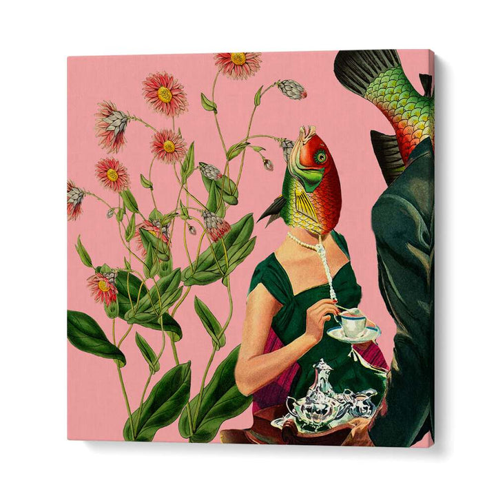 Vibrant FISH SOULMATE PINK, SURREAL ART PRINTS collage blending fish and floral elements, perfect for modern spaces.