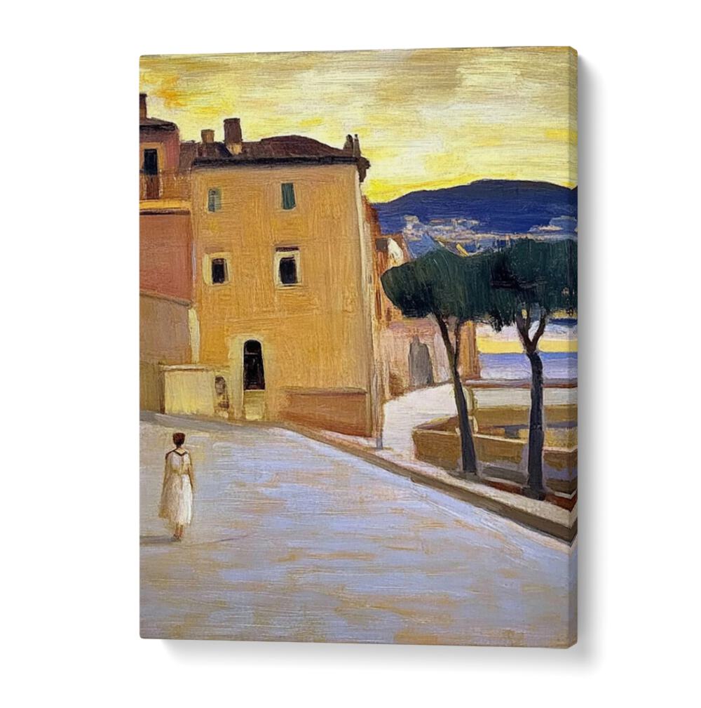 Vibrant artwork of a WOMAN WALKING DOWN A STREET, perfect for enhancing any home décor with charm and energy.