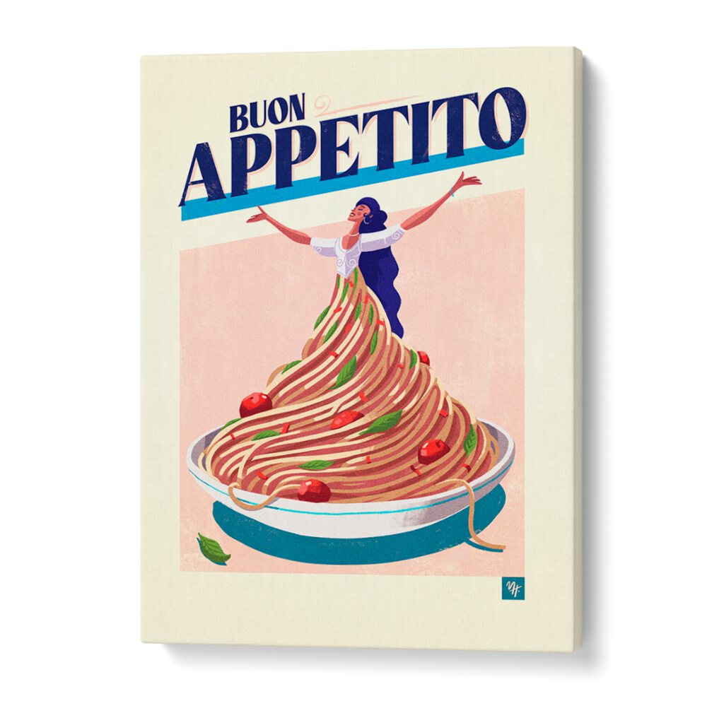 Colorful artwork featuring a chef with spaghetti, perfect for BUON APPETITO I, BAR & CAFE decor. Elevate your kitchen!