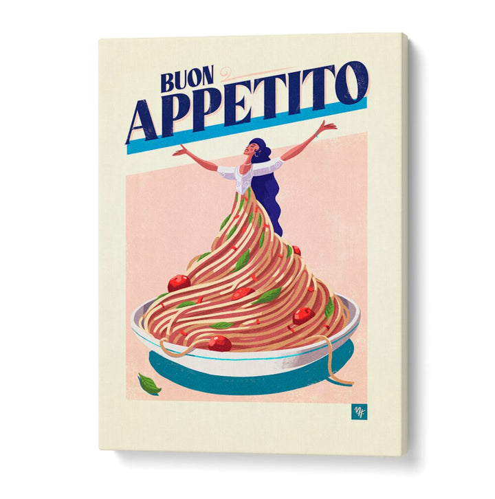 Colorful artwork featuring a chef with spaghetti, perfect for BUON APPETITO I, BAR & CAFE decor. Elevate your kitchen!