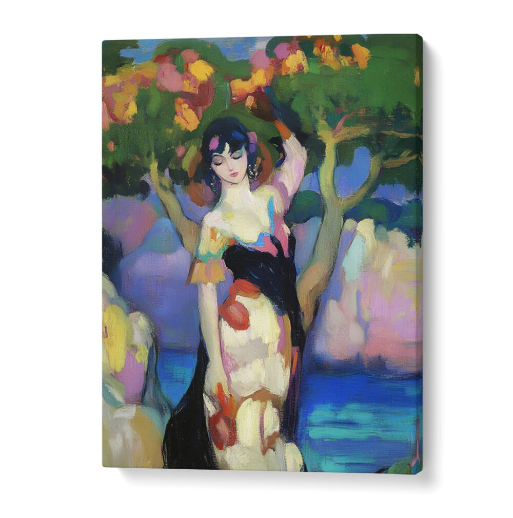 WOMAN BY THE SEA II showcases a serene coastal scene with vibrant colors and elegant feminine grace, perfect for any art lover.