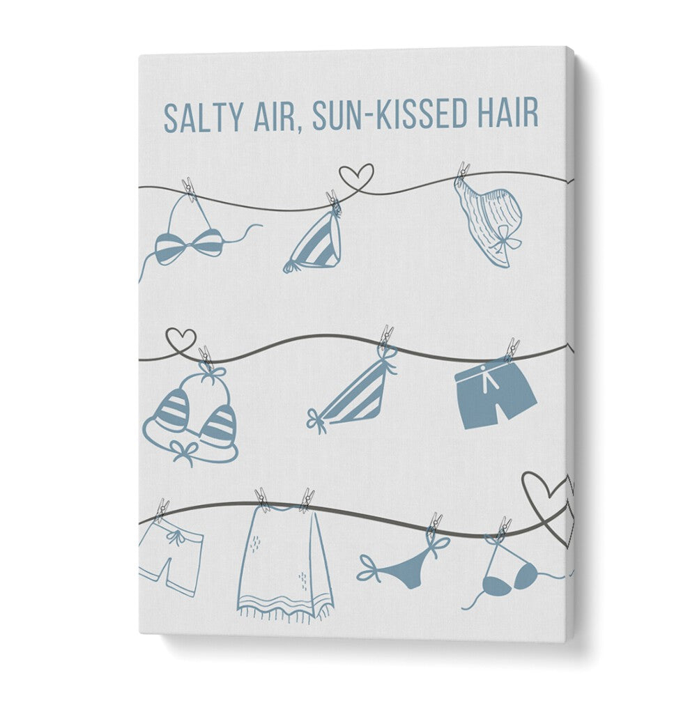 "Coastal-themed SALTY AIR - CLOTHESLINE, BEACH PAINTINGS showcasing summer clothing on a charming line."