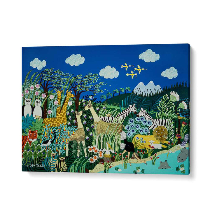 Bright and whimsical A WINDY DAY, KIDS ROOM PAINTINGS featuring jungle animals, perfect for inspiring creativity.