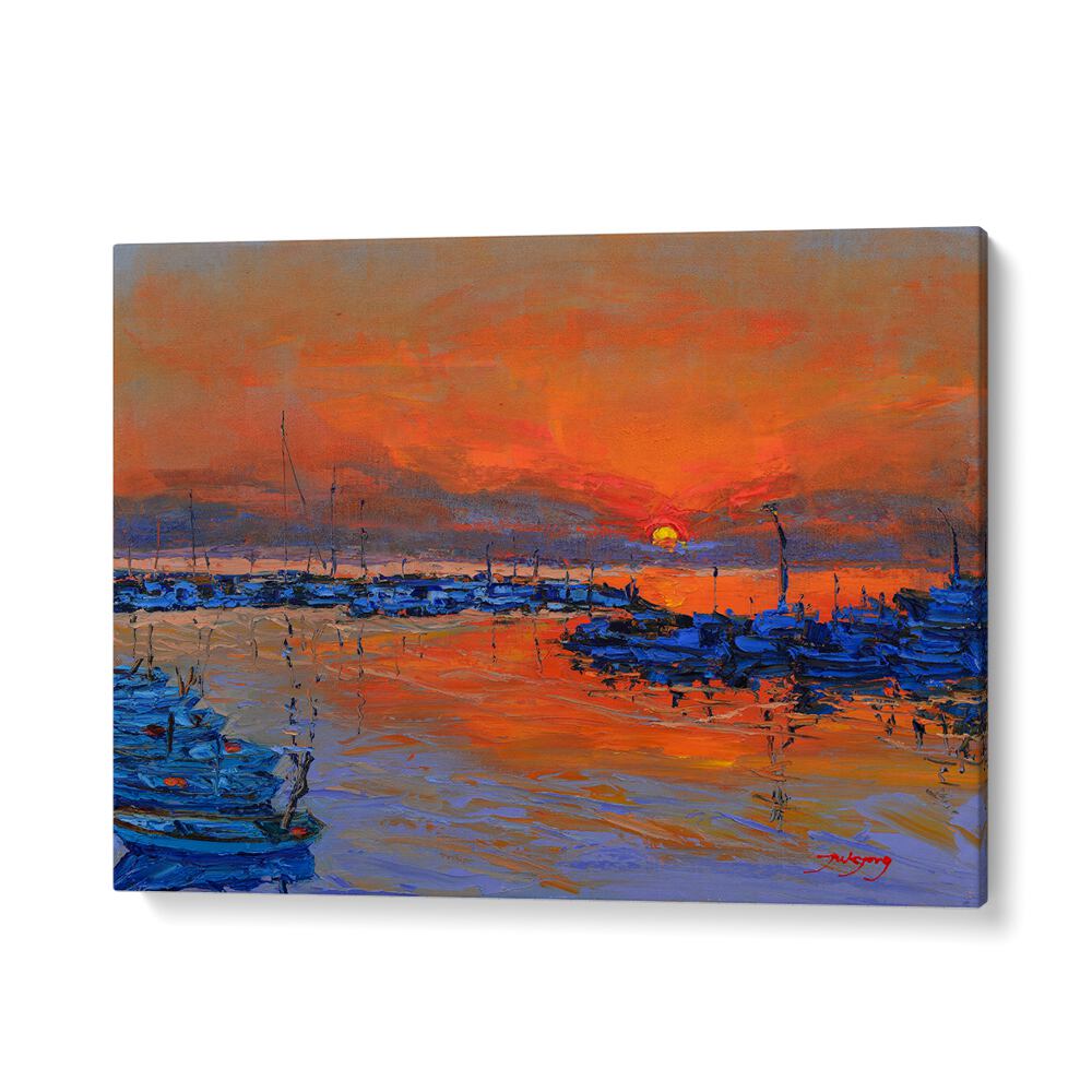 Vibrant SUNRISE, LANDSCAPE PAINTINGS with serene waters and boats, perfect for enhancing any space.