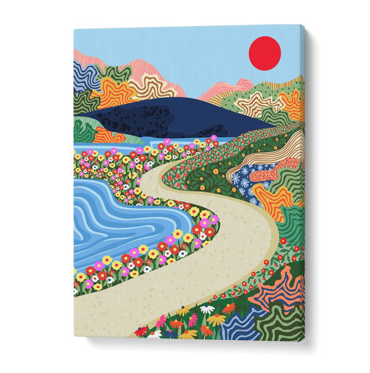 Vibrant SOOTHING HORIZON, LANDSCAPE PAINTINGS, featuring a serene path by a colorful floral landscape and tranquil water.