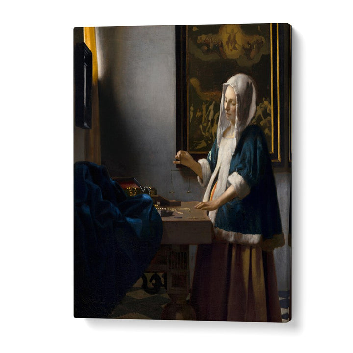 WOMAN HOLDING A BALANCE (CA. 1664)  BY JOHANNES VERMEER, VINTAGE PAINTINGS